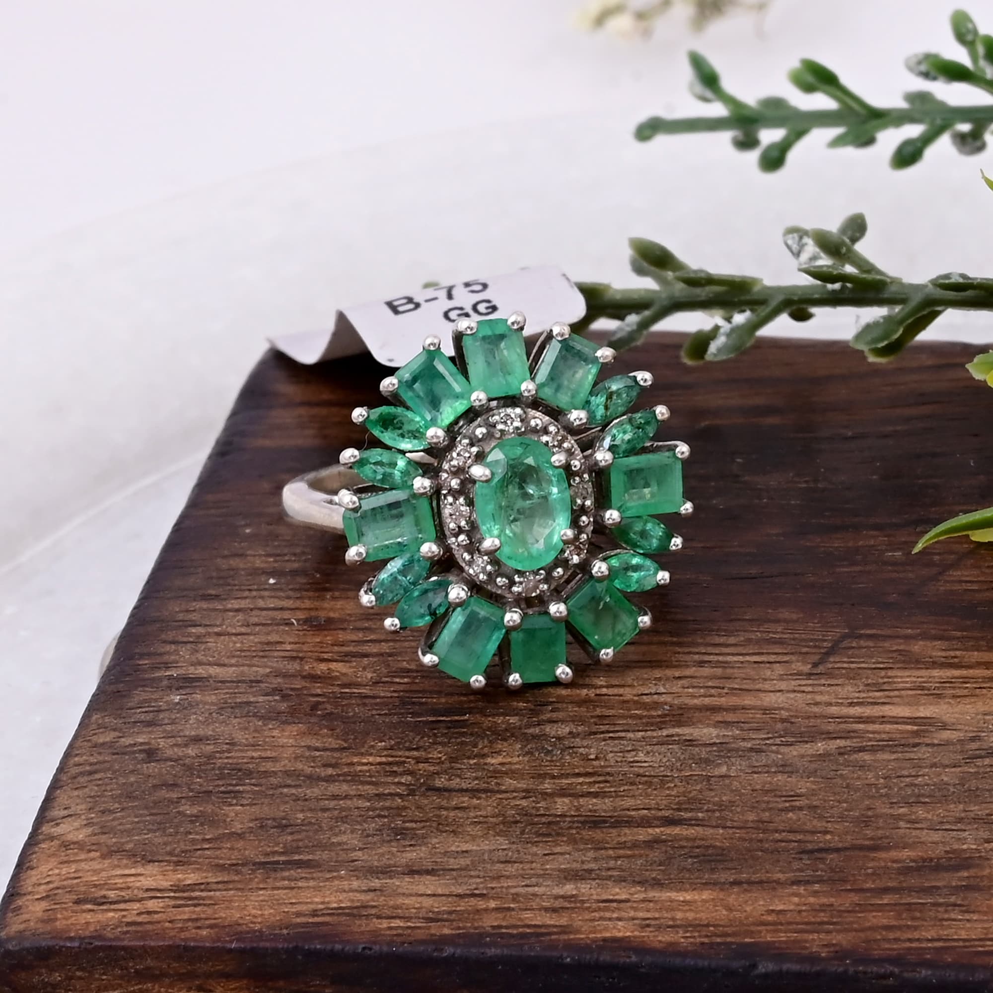 Emerald Sunburst Halo Ring