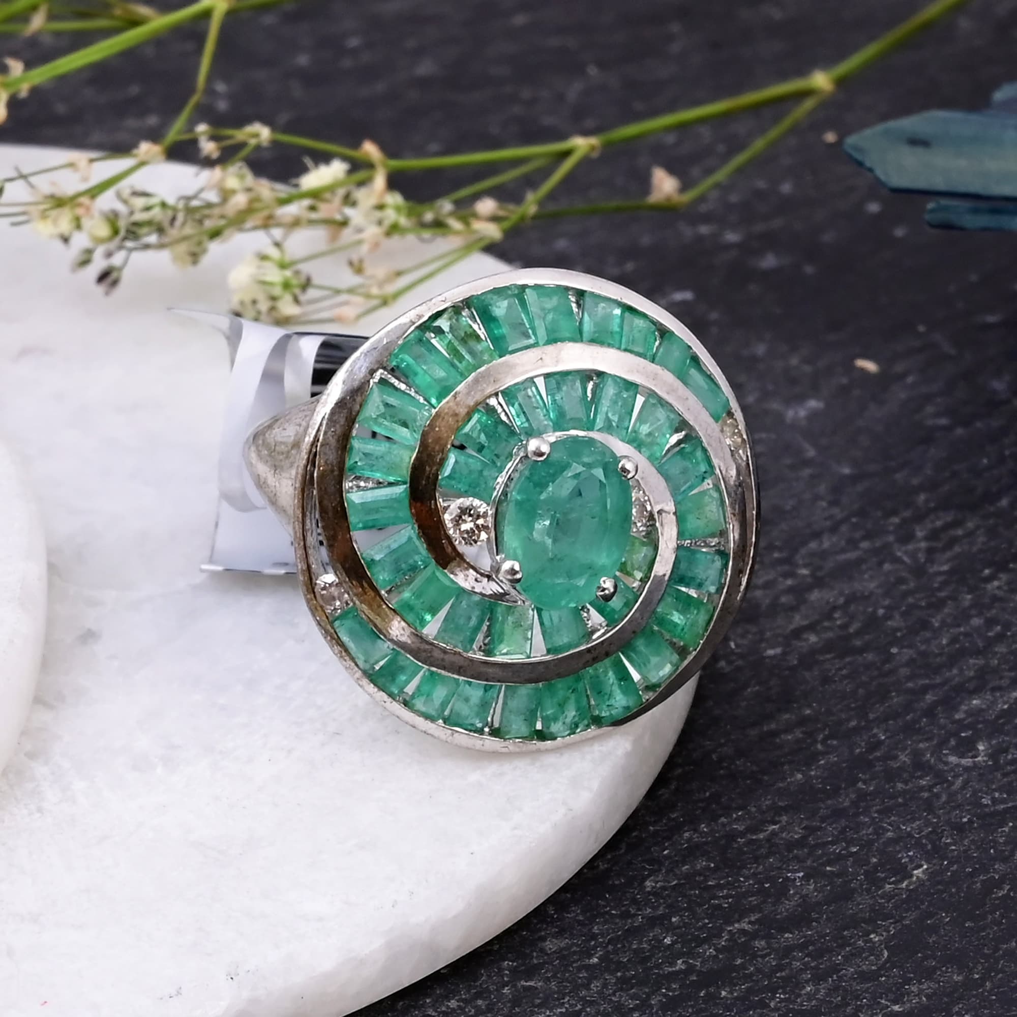 Emerald Spiral Halo Ring