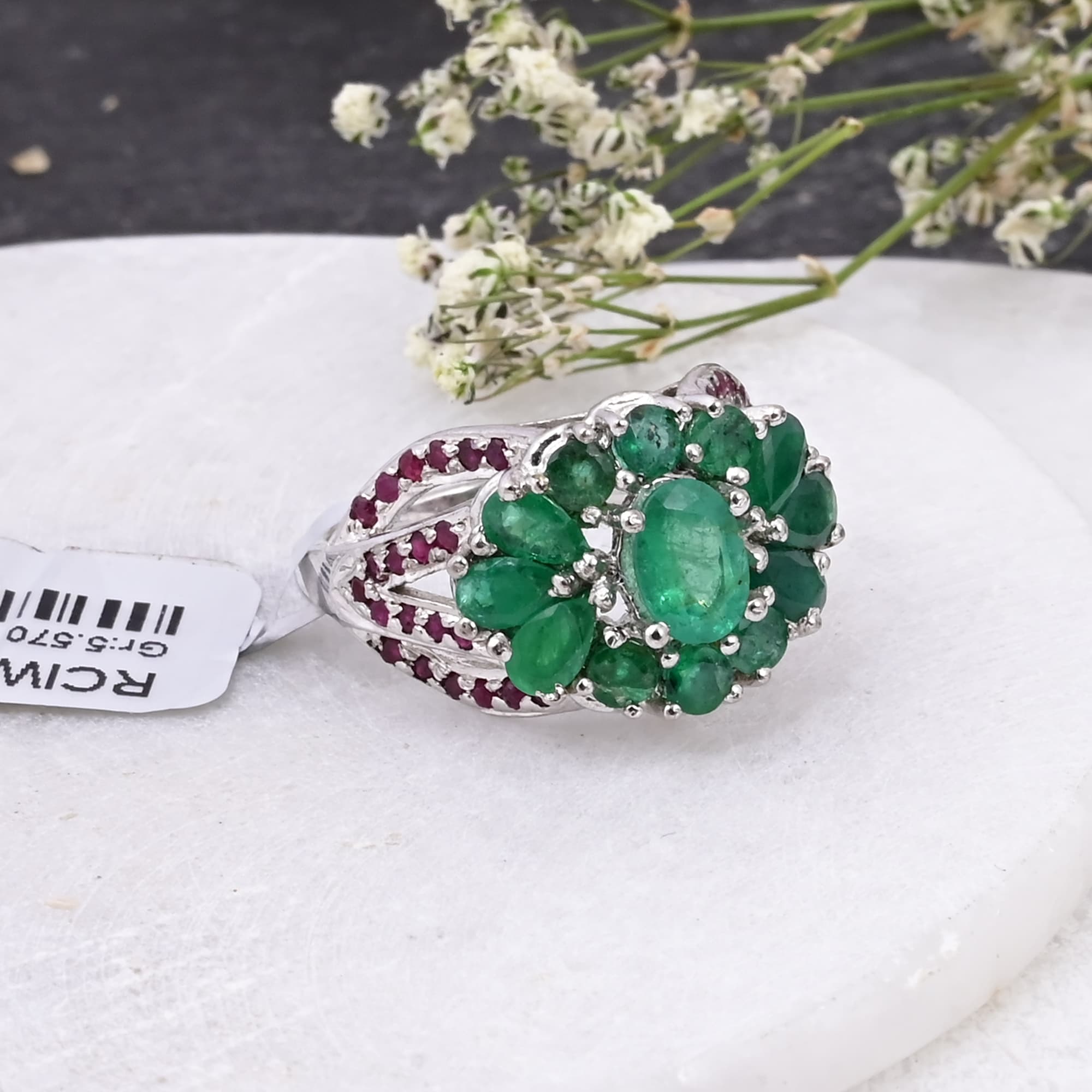 Emerald Blossom Ruby Accent Ring