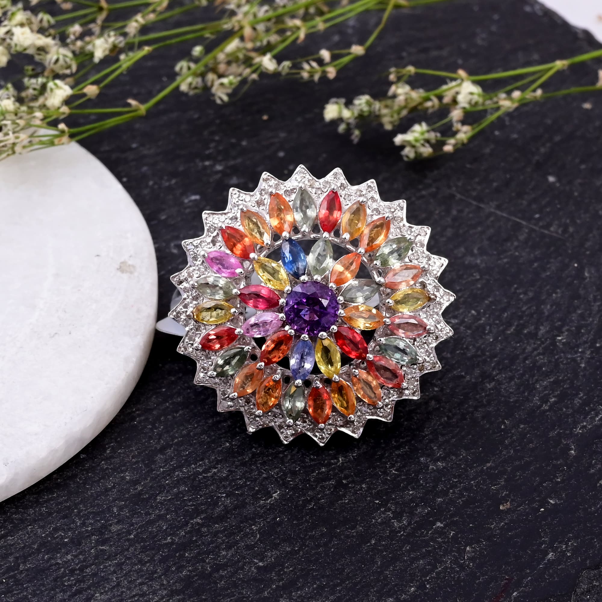 Celestial Rainbow Sapphire Starburst Ring
