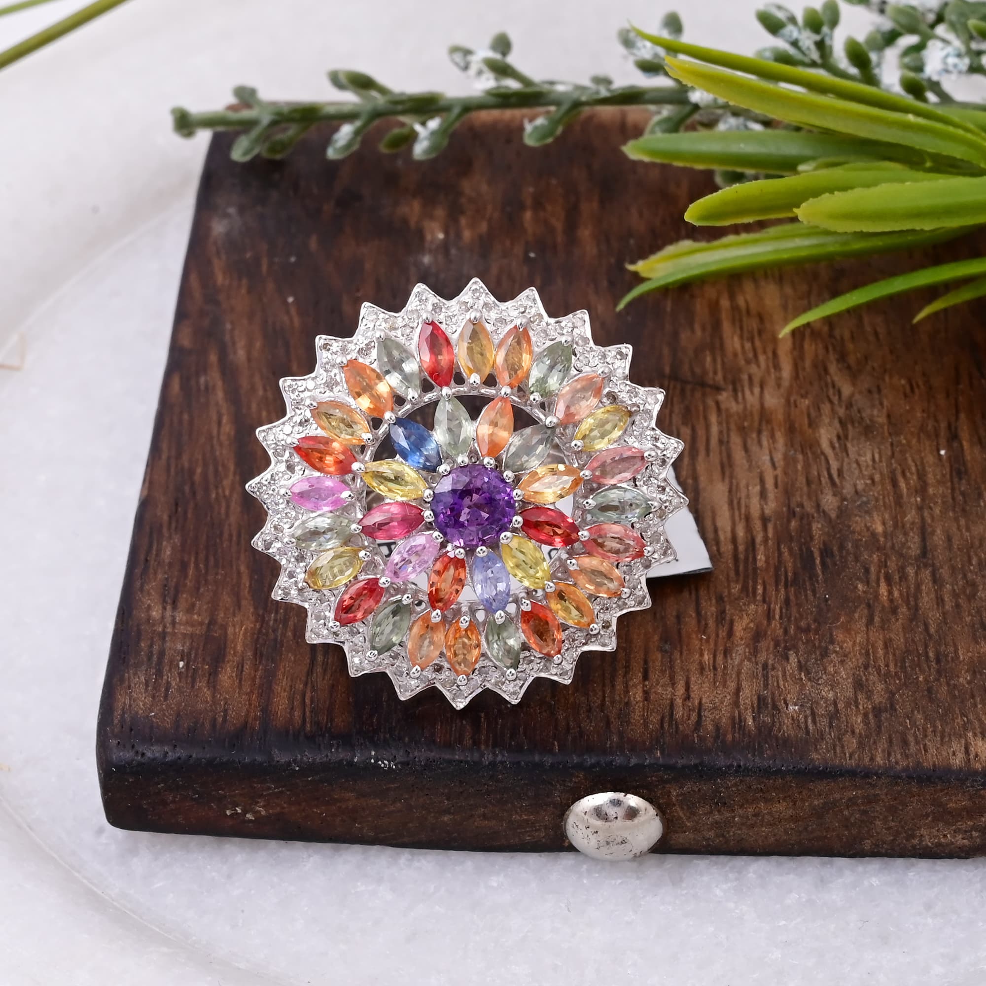 Celestial Rainbow Sapphire Starburst Ring