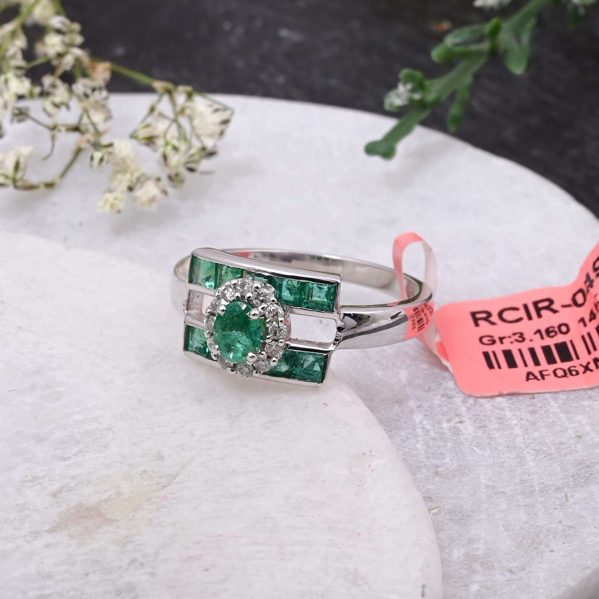 Emerald Art Deco Halo Ring