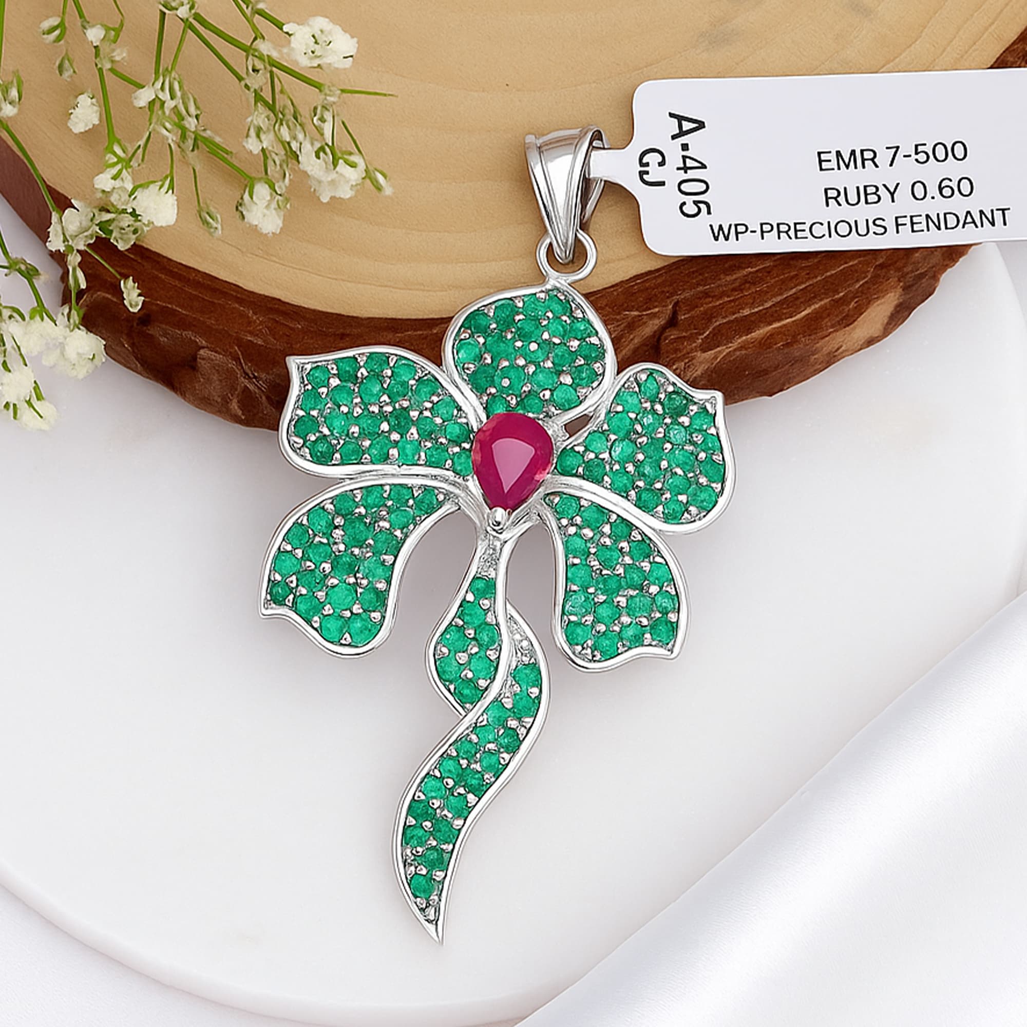Emerald Ruby Floral Bloom Pendant