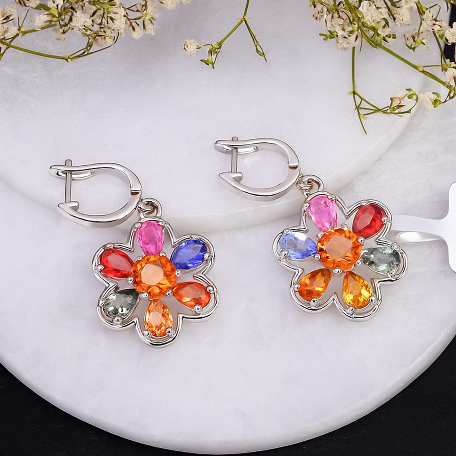 Multi Sapphire Floral Drop Earrings